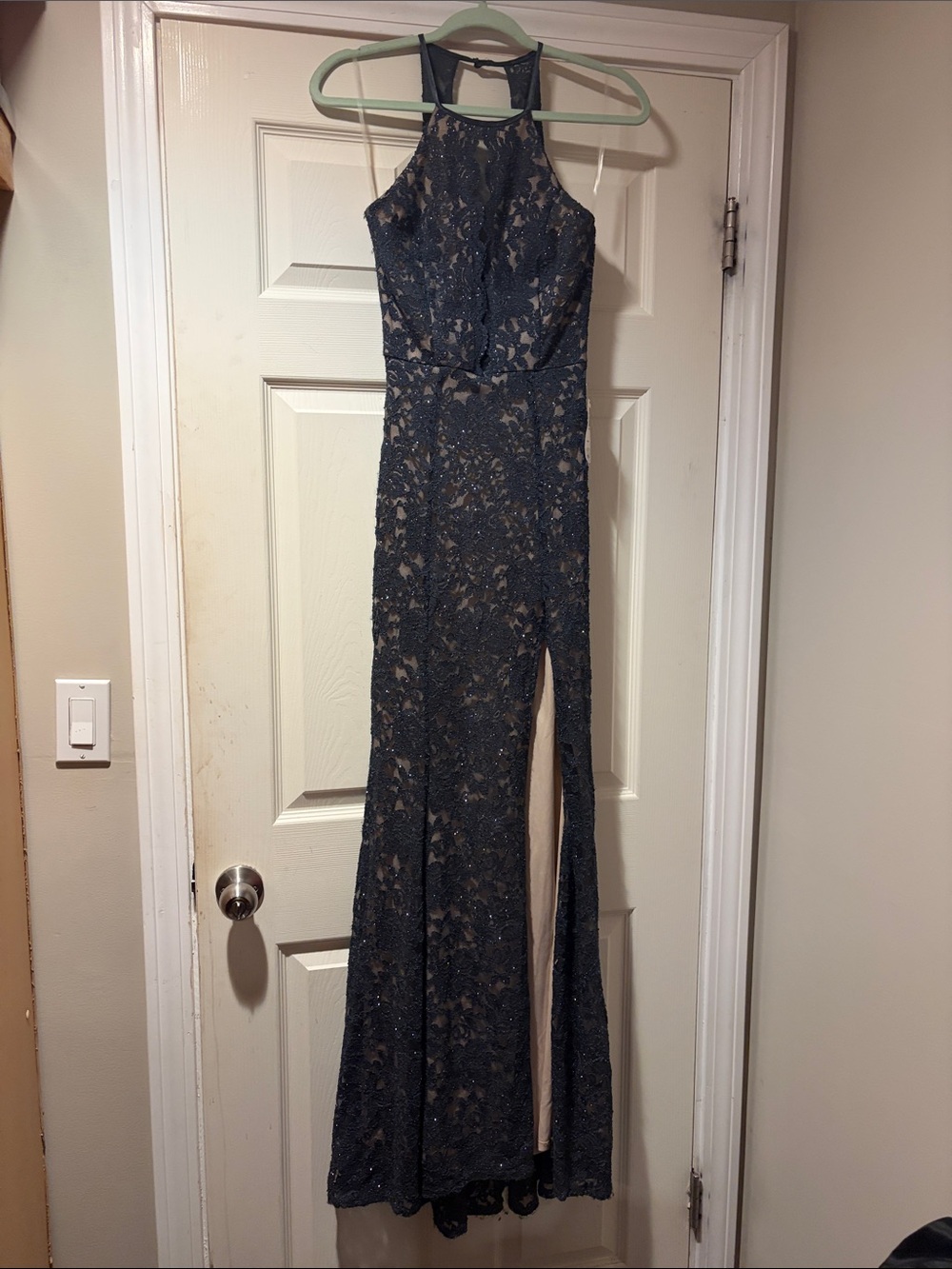 Lace Overlay Halter Prom Gown in Gunmetal 3